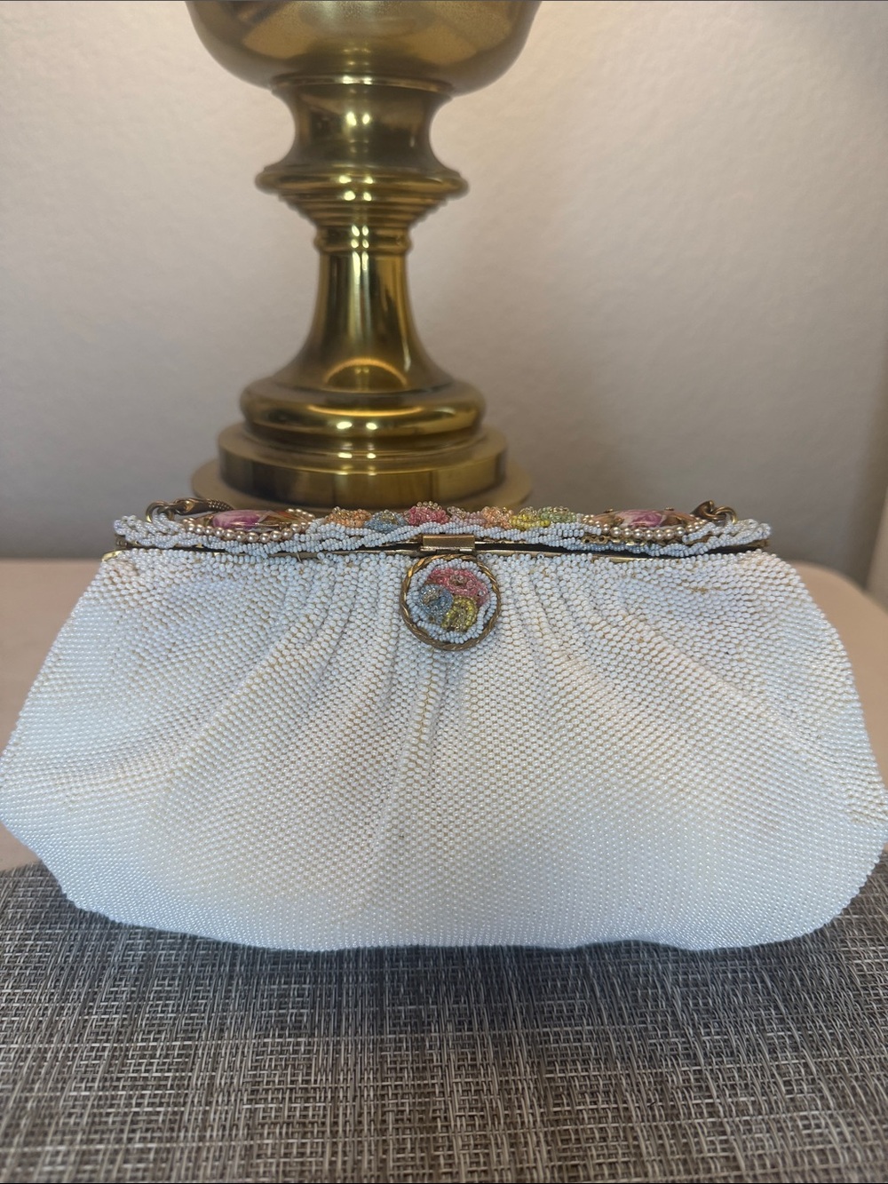 Walborg White Hand Beaded Evening Clutch and Hand Painted Limoges with Mirror
